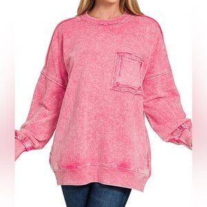 NWT Zenana Hot Pink Acid Wash French Terry Oversized Crewneck Sweatshirt
